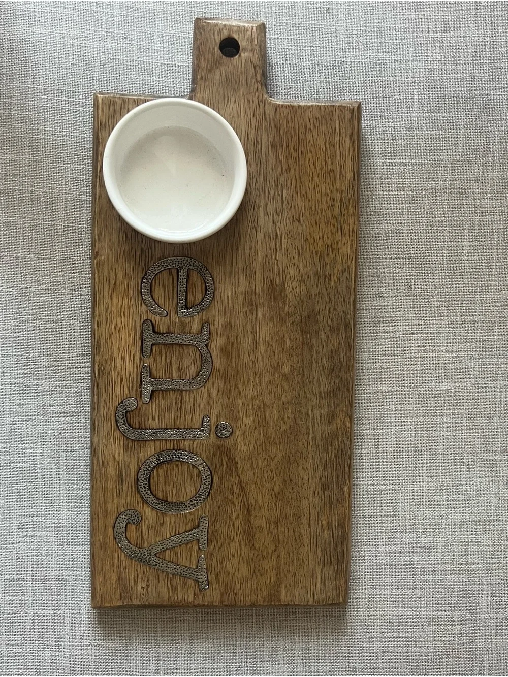 Wood Serving Board with 'Enjoy' Carved Accent and ceramic dip cup, Natural Brown